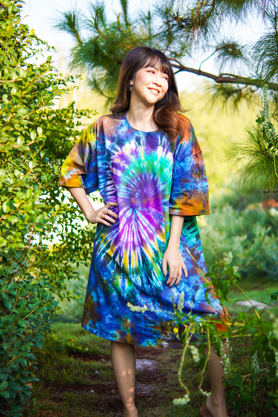 Moonflower Purple Hand Dyed Boho Cotton Dress with Pockets