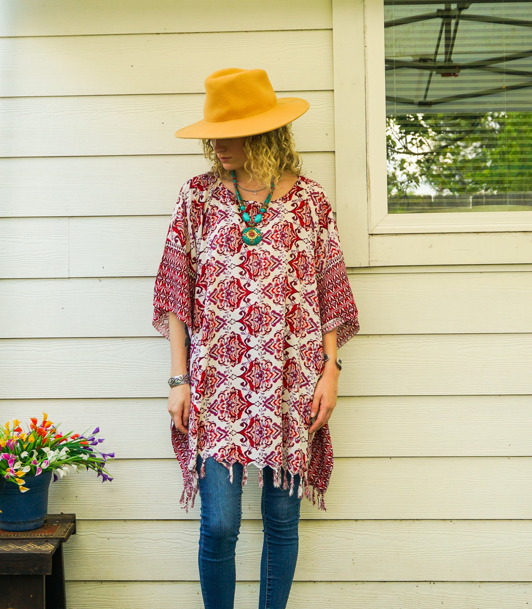 Moroccan Rose Tunic Boho Kaftan Blouse