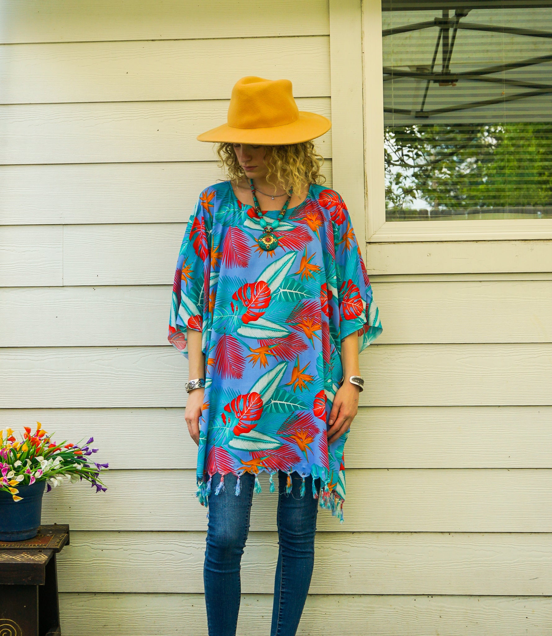 Blue Bird of Paradise Tunic Boho Kaftan Blouse