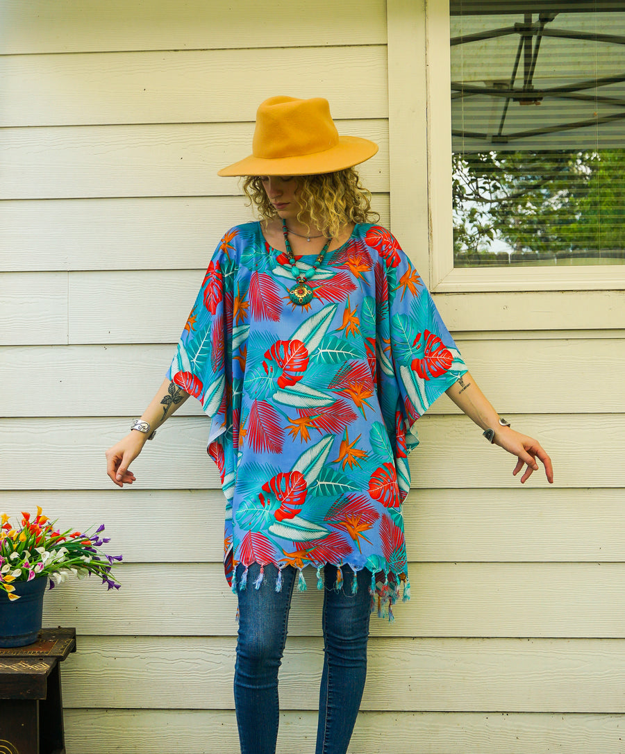 Blue Bird of Paradise Tunic Boho Kaftan Blouse