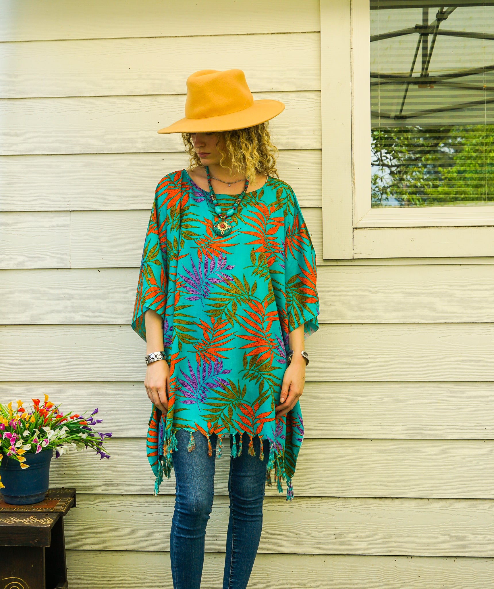 Turquoise Palms Tunic Boho Kaftan Blouse