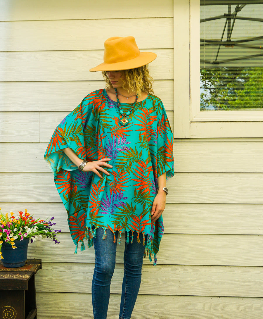 Turquoise Palms Tunic Boho Kaftan Blouse