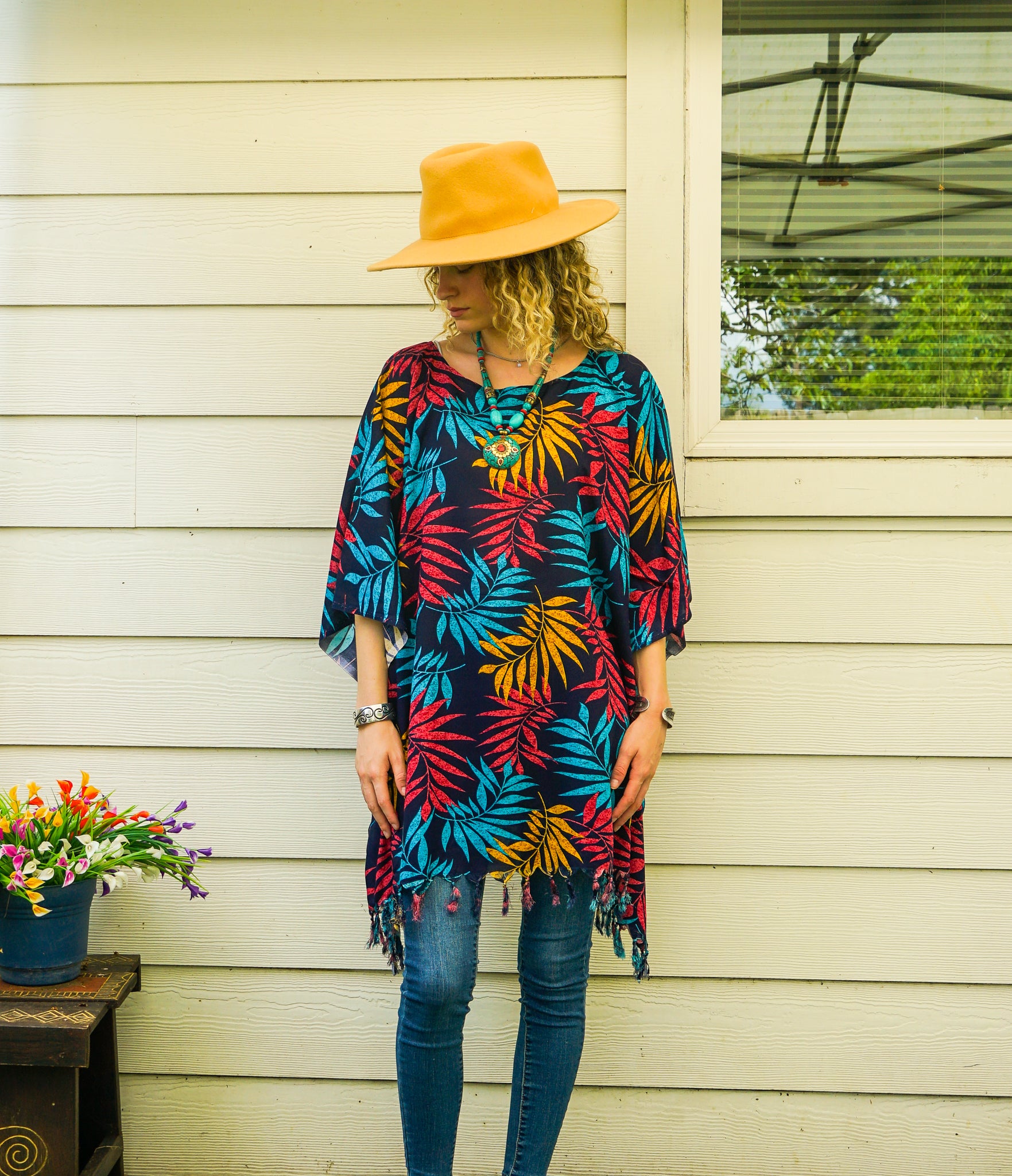Coral Palm Tunic Boho Kaftan Blouse