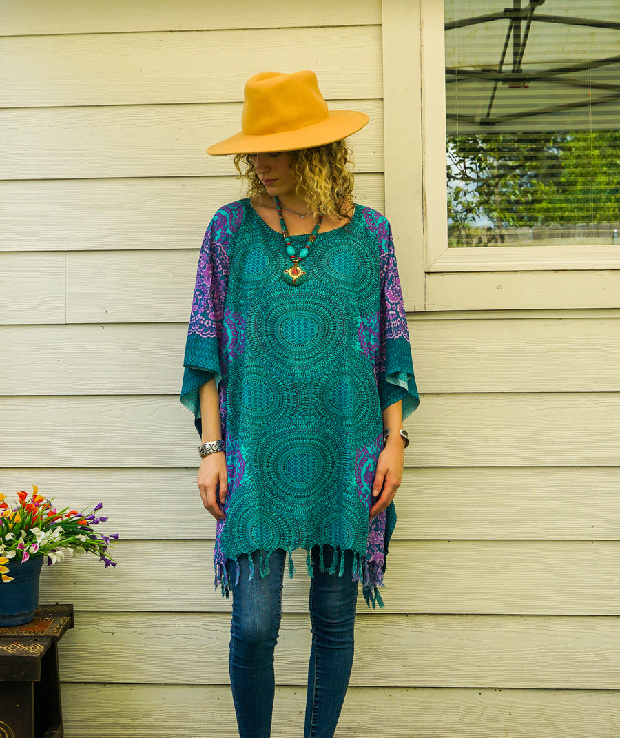 Turquoise Purple Mandala Tunic Boho Kaftan Blouse