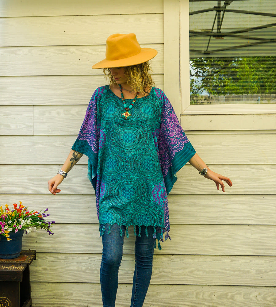 Turquoise Purple Mandala Tunic Boho Kaftan Blouse