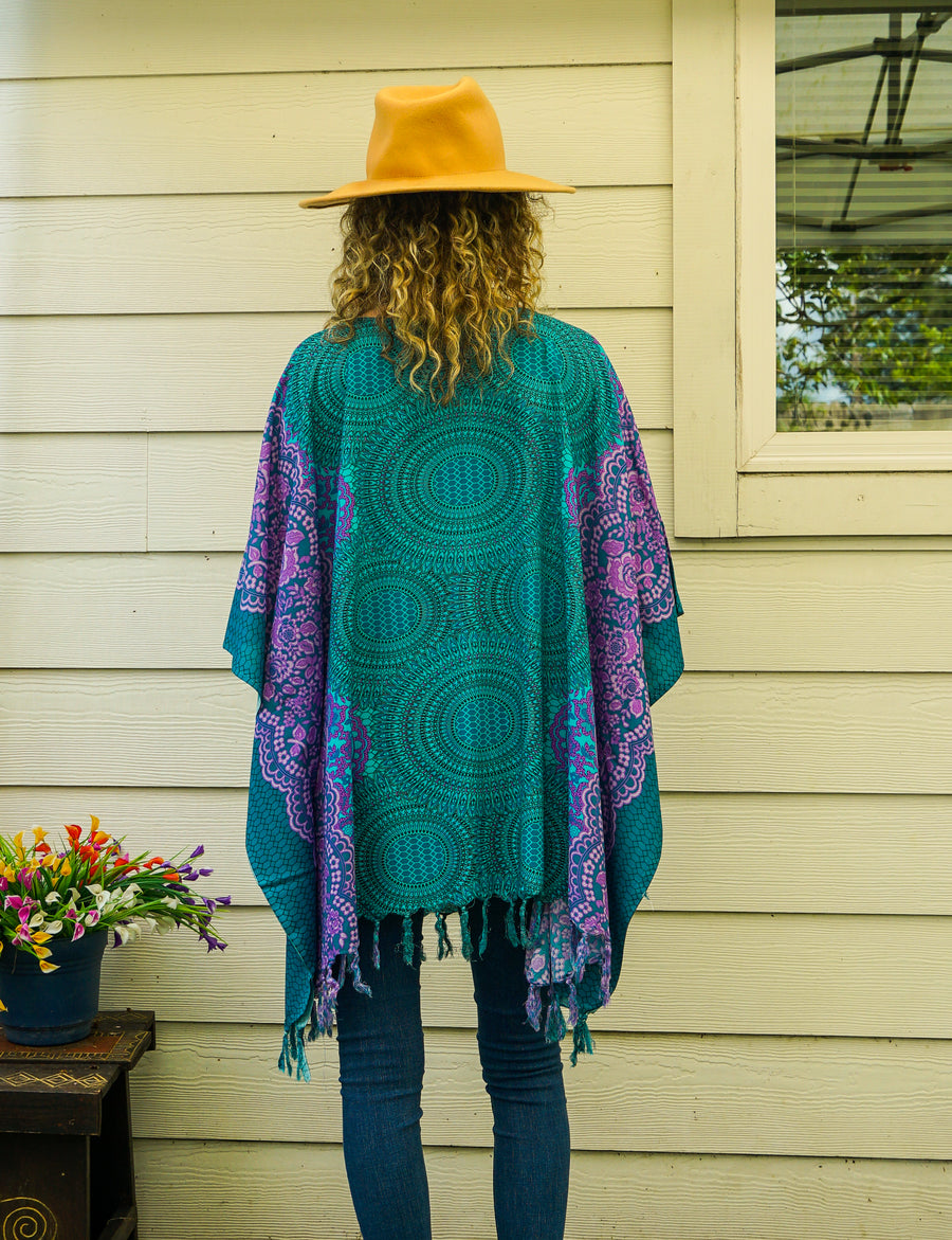 Turquoise Purple Mandala Tunic Boho Kaftan Blouse