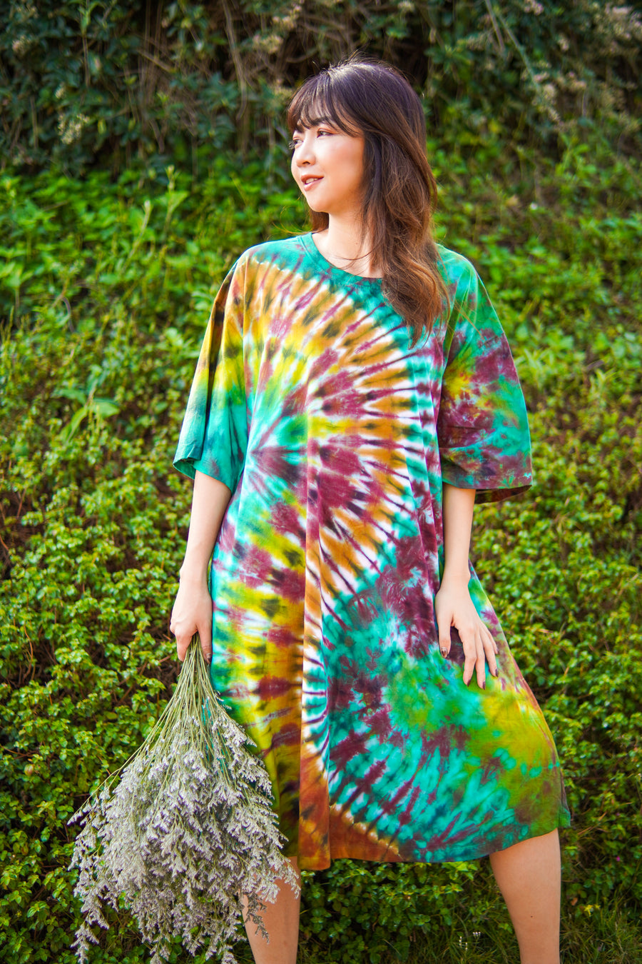Emerald Sunbeam Hand Dyed Boho Cotton Dress with Pockets
