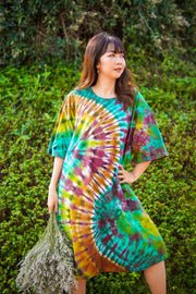 Emerald Sunbeam Hand Dyed Boho Cotton Dress with Pockets