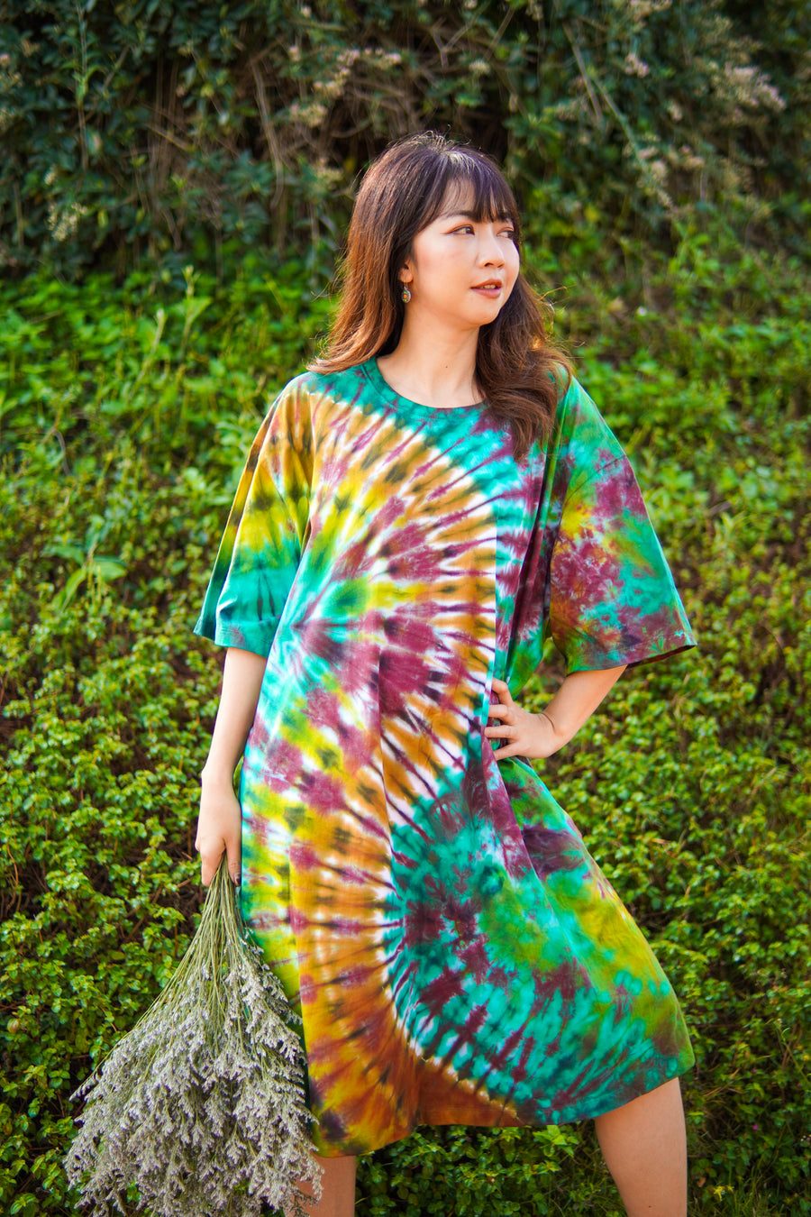 Emerald Sunbeam Hand Dyed Boho Cotton Dress with Pockets