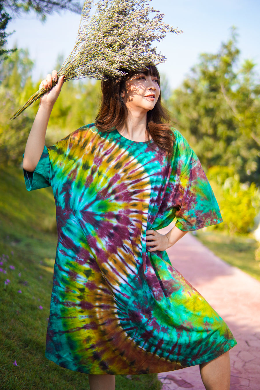 Emerald Sunbeam Hand Dyed Boho Cotton Dress with Pockets