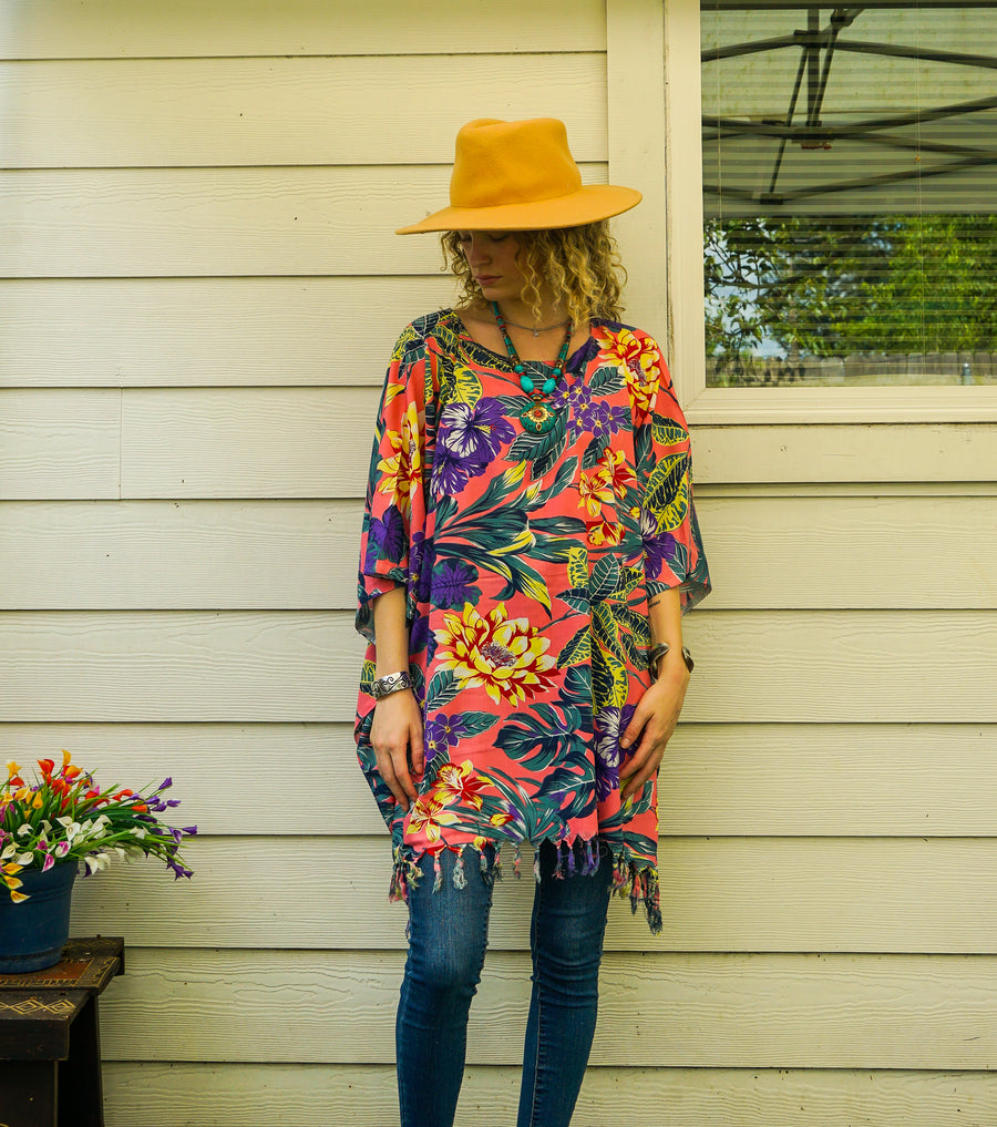 Hibiscus Monstera Plumeria Tunic Boho Kaftan Blouse