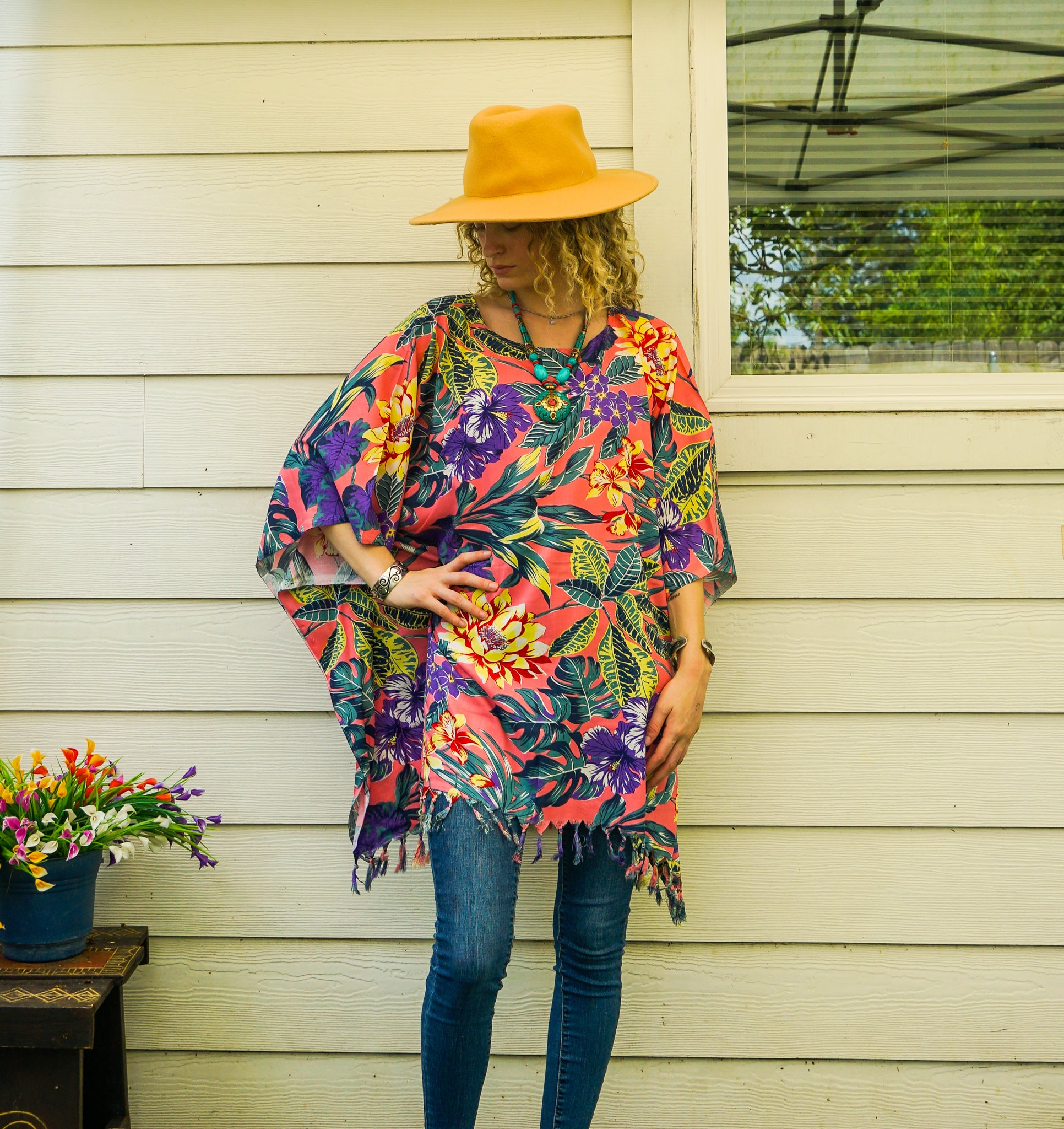 Hibiscus Monstera Plumeria Tunic Boho Kaftan Blouse