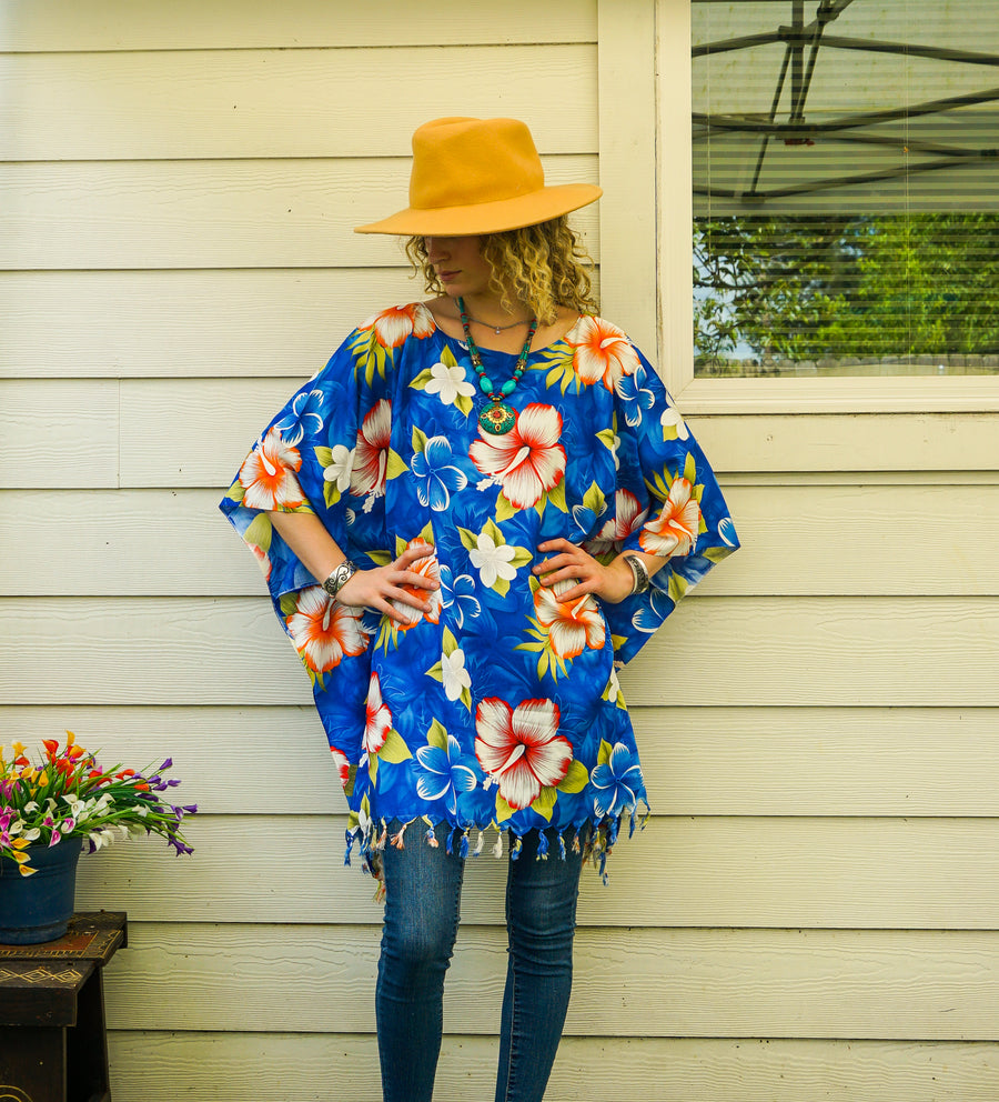 Coral Hibiscus Tunic Boho Kaftan Blouse
