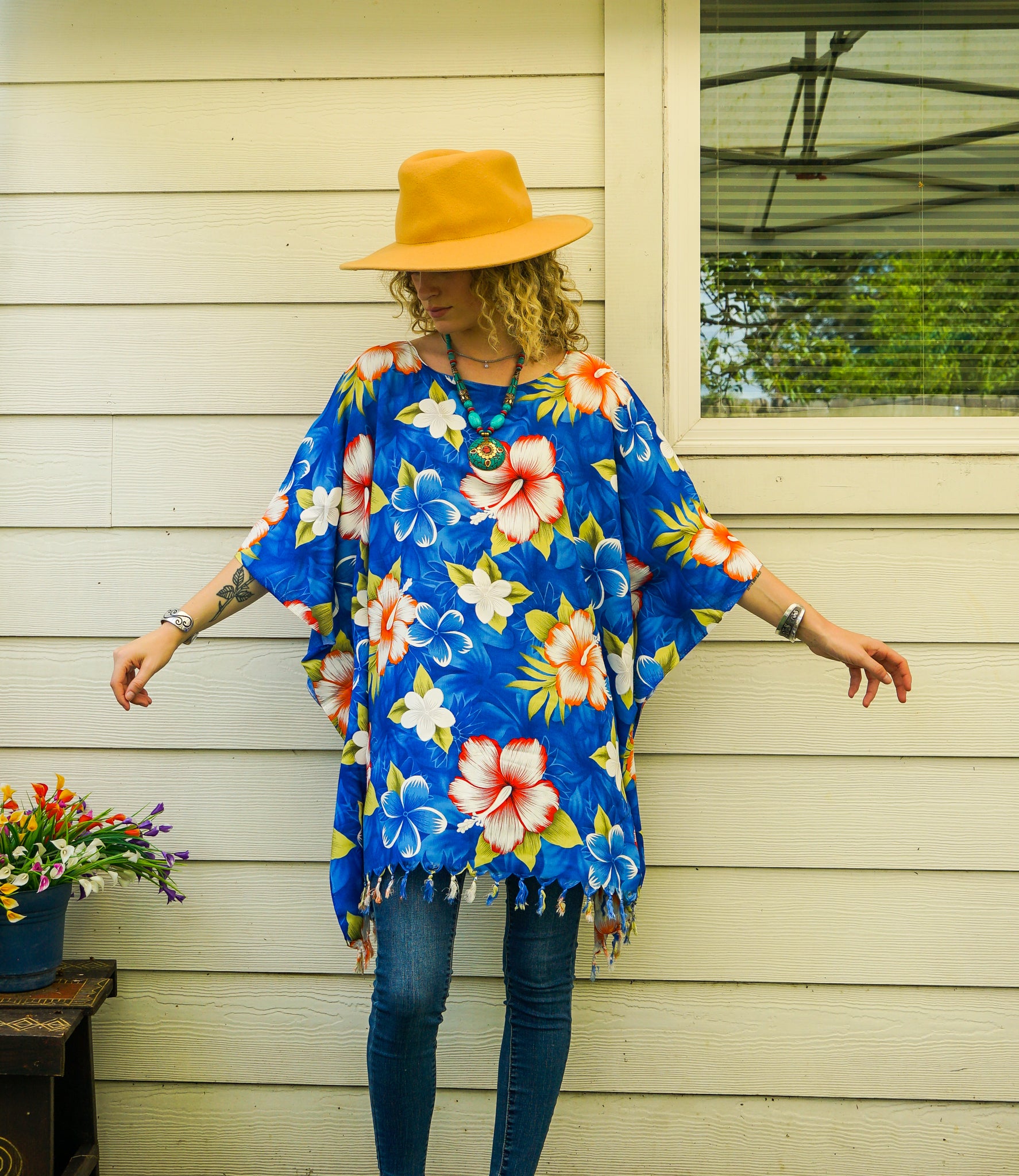 Coral Hibiscus Tunic Boho Kaftan Blouse