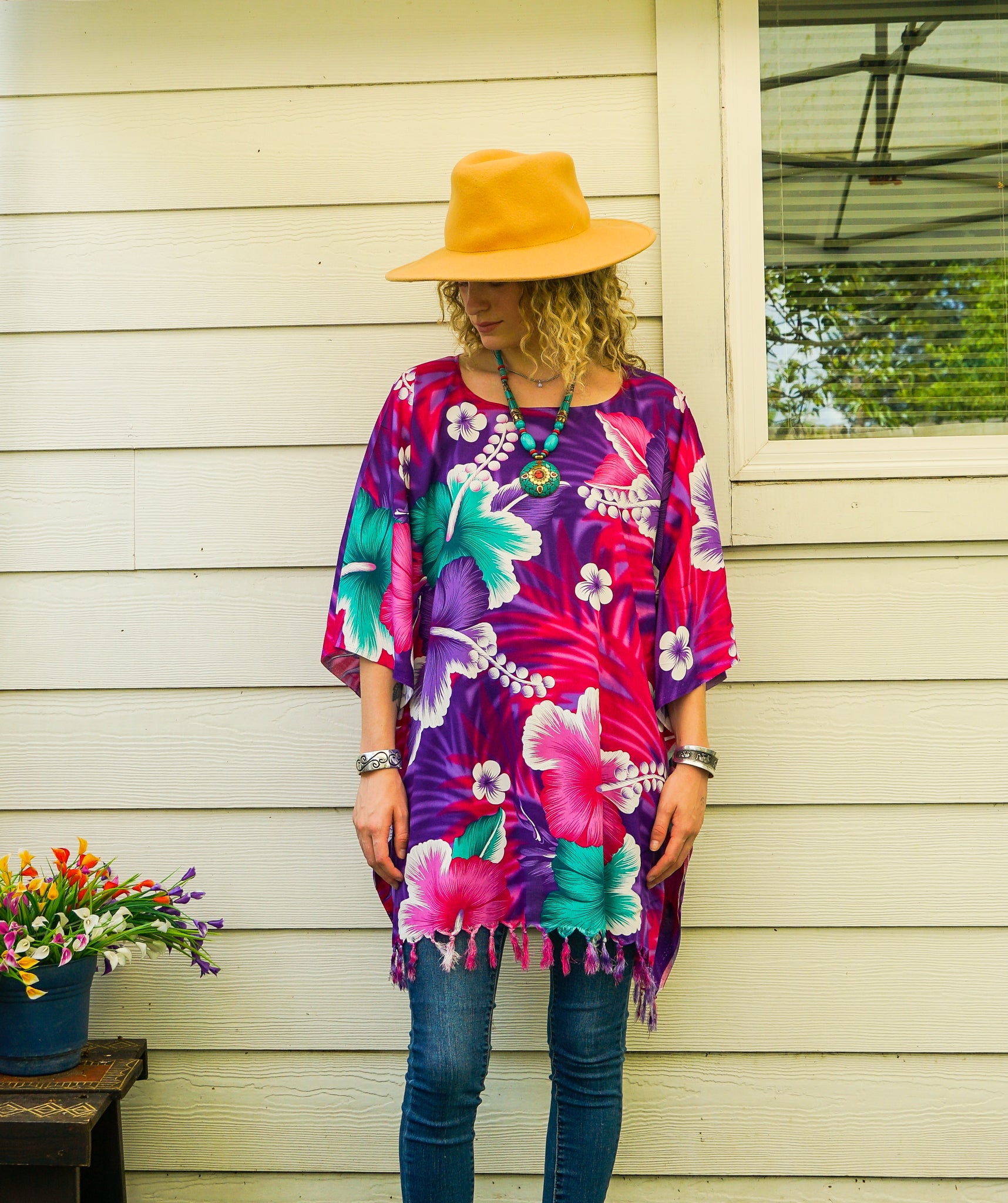 Teal & Orchid Hibiscus Tunic Boho Kaftan Blouse
