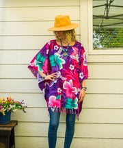 Teal & Orchid Hibiscus Tunic Boho Kaftan Blouse