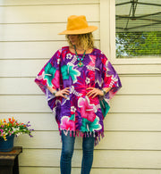 Teal & Orchid Hibiscus Tunic Boho Kaftan Blouse