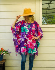Teal & Orchid Hibiscus Tunic Boho Kaftan Blouse