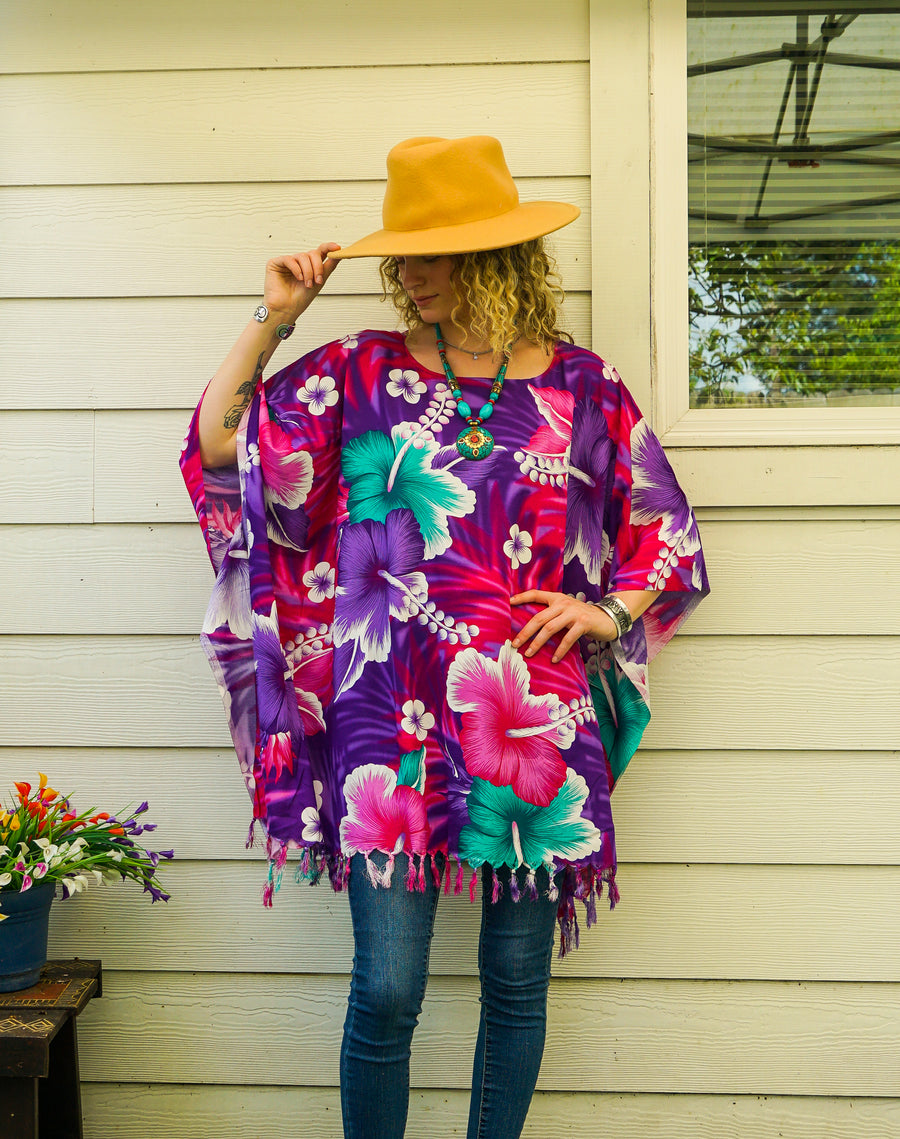 Teal & Orchid Hibiscus Tunic Boho Kaftan Blouse