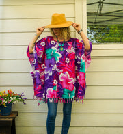 Teal & Orchid Hibiscus Tunic Boho Kaftan Blouse