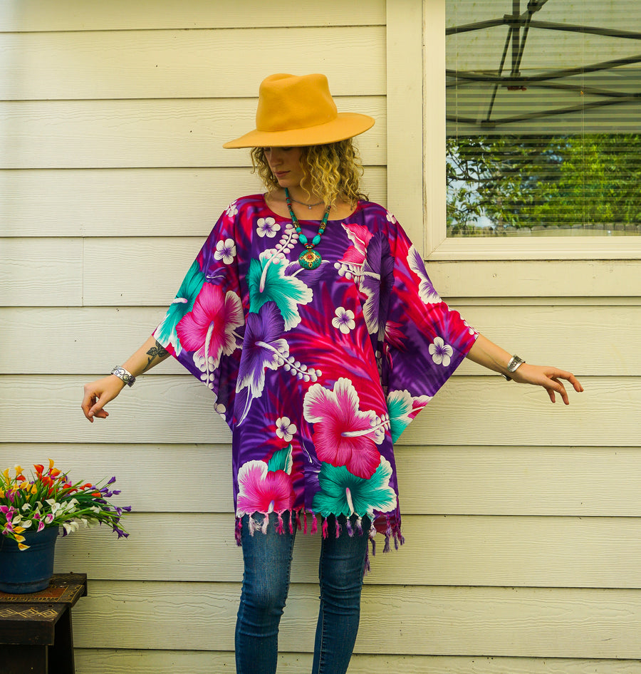 Teal & Orchid Hibiscus Tunic Boho Kaftan Blouse