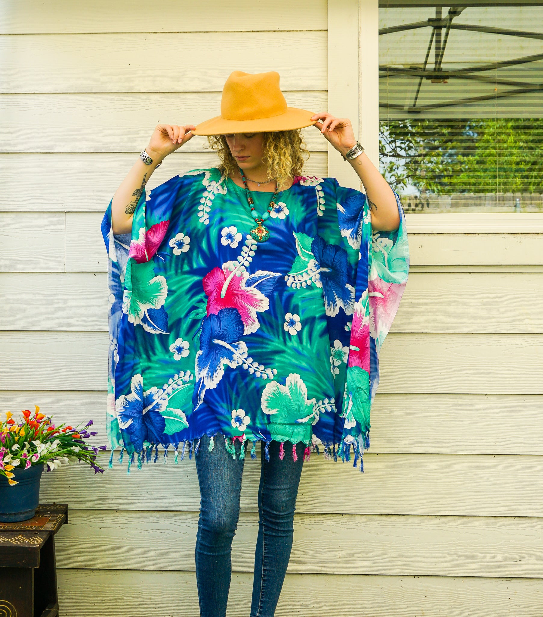Pacific Hibiscus Tunic Boho Kaftan Blouse