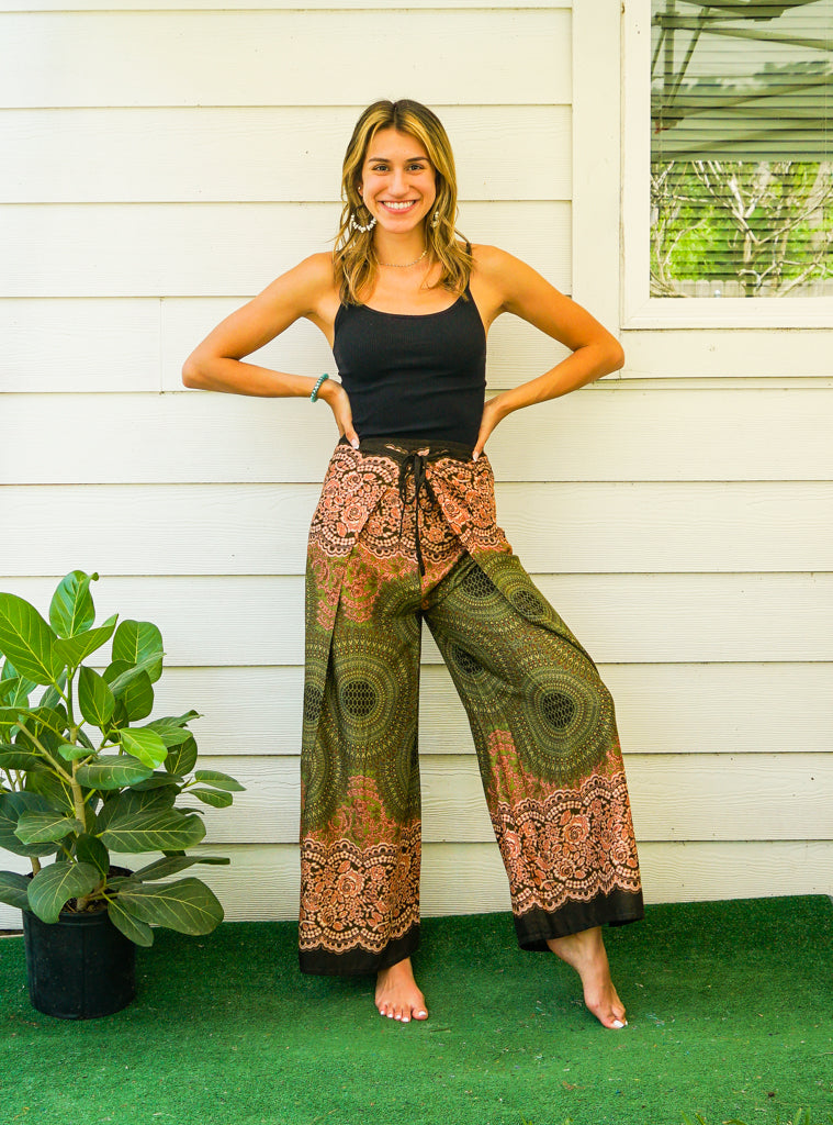 Olive Sunset Mandala Palazzo Wrap Pants