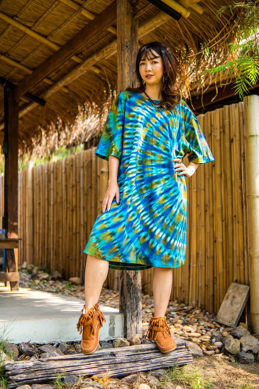 Blue Lagoon Hand Dyed Boho Cotton Dress with Pockets