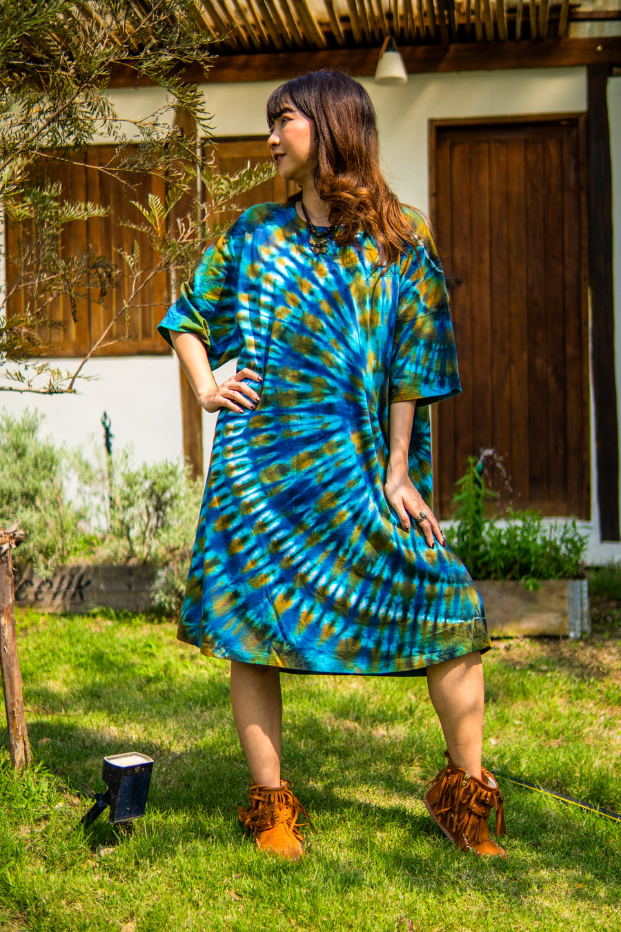 Blue Lagoon Hand Dyed Boho Cotton Dress with Pockets