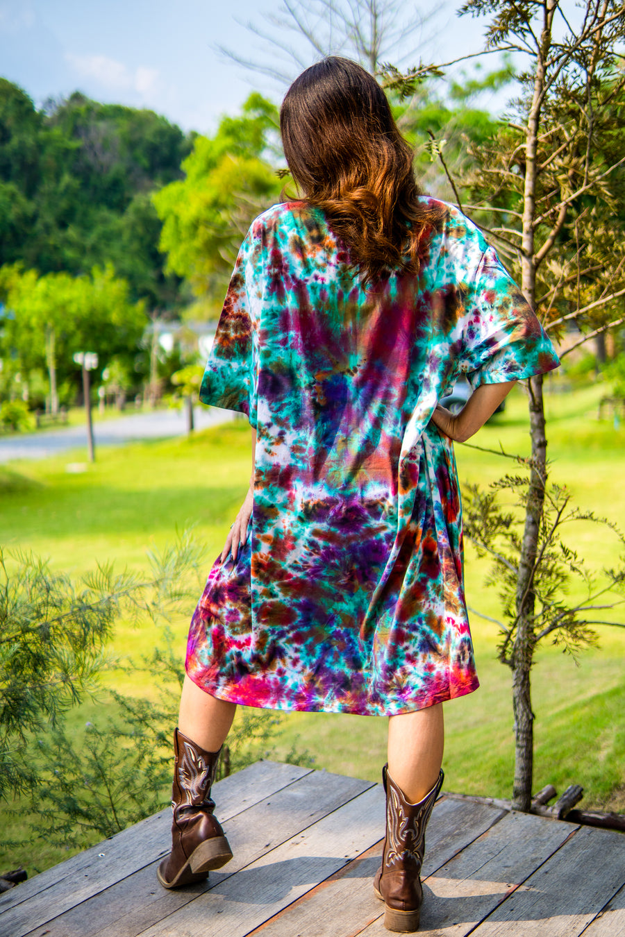 Sunkissed Rainforest Hand Dyed Boho Cotton Dress with Pockets