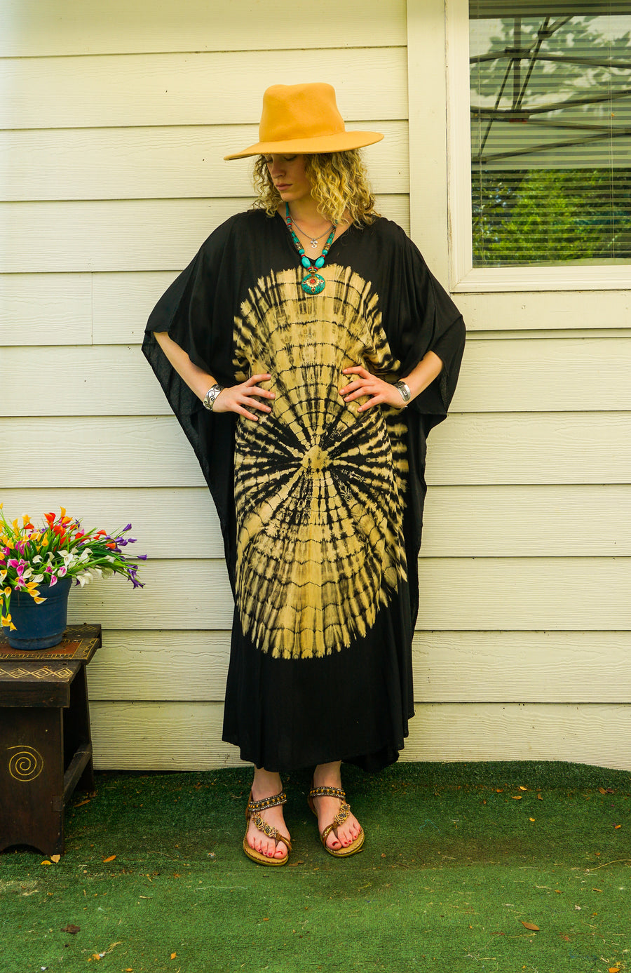 Eclipse Sunburst Waves Kaftan – Hand-Dyed Shibori Boho Maxi Dress, Black & Gold (M–4XL)