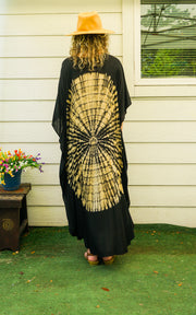 Eclipse Sunburst Waves Kaftan – Hand-Dyed Shibori Boho Maxi Dress, Black & Gold (M–4XL)
