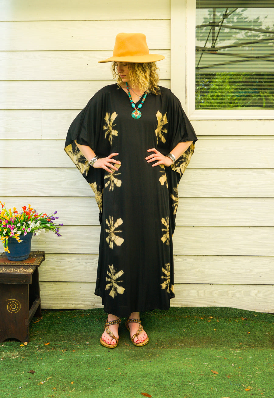Black Starburst Tie-Dye Kaftan Dress | Boho Caftan | Oversized Resort & Lounge Dress