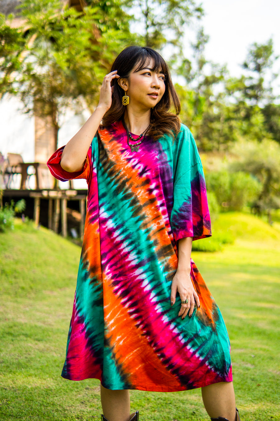 Boho Rainbow Hand Dyed Boho Cotton Dress with Pockets