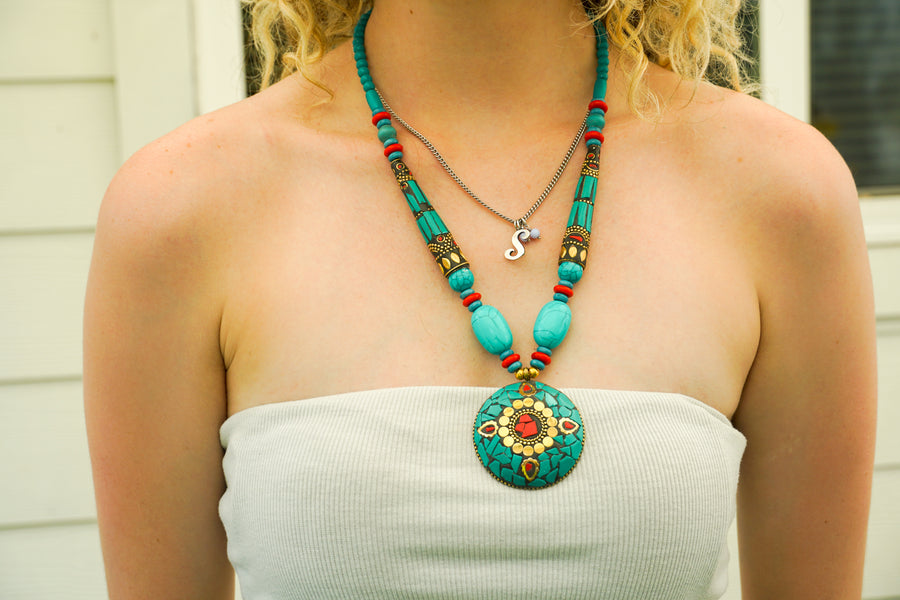 Turquoise & Coral Mosaic Statement Necklace