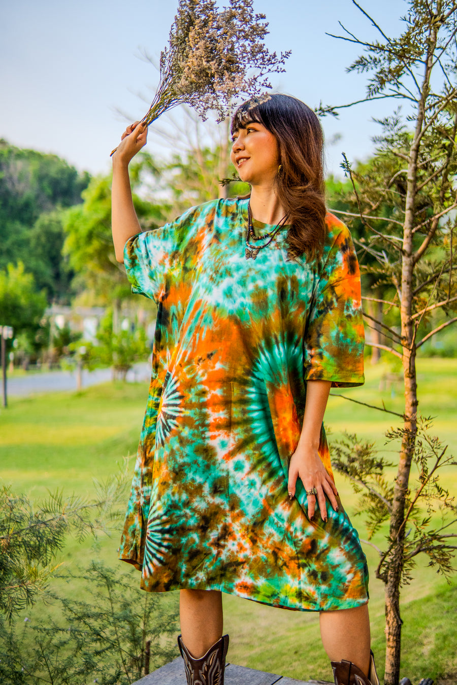 Turquoise Mirage Hand Dyed Boho Cotton Dress with Pockets