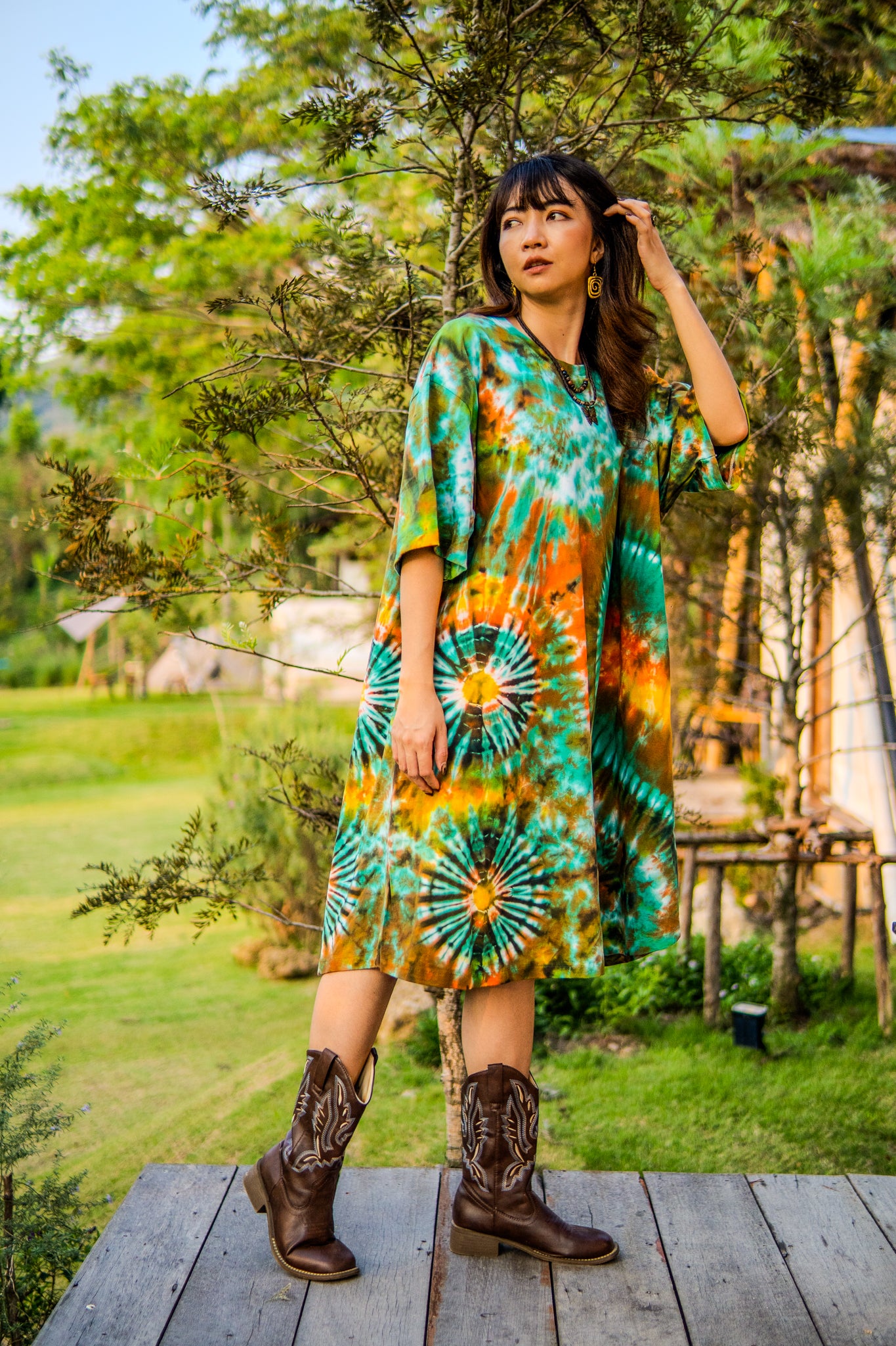 Turquoise Mirage Hand Dyed Boho Cotton Dress with Pockets
