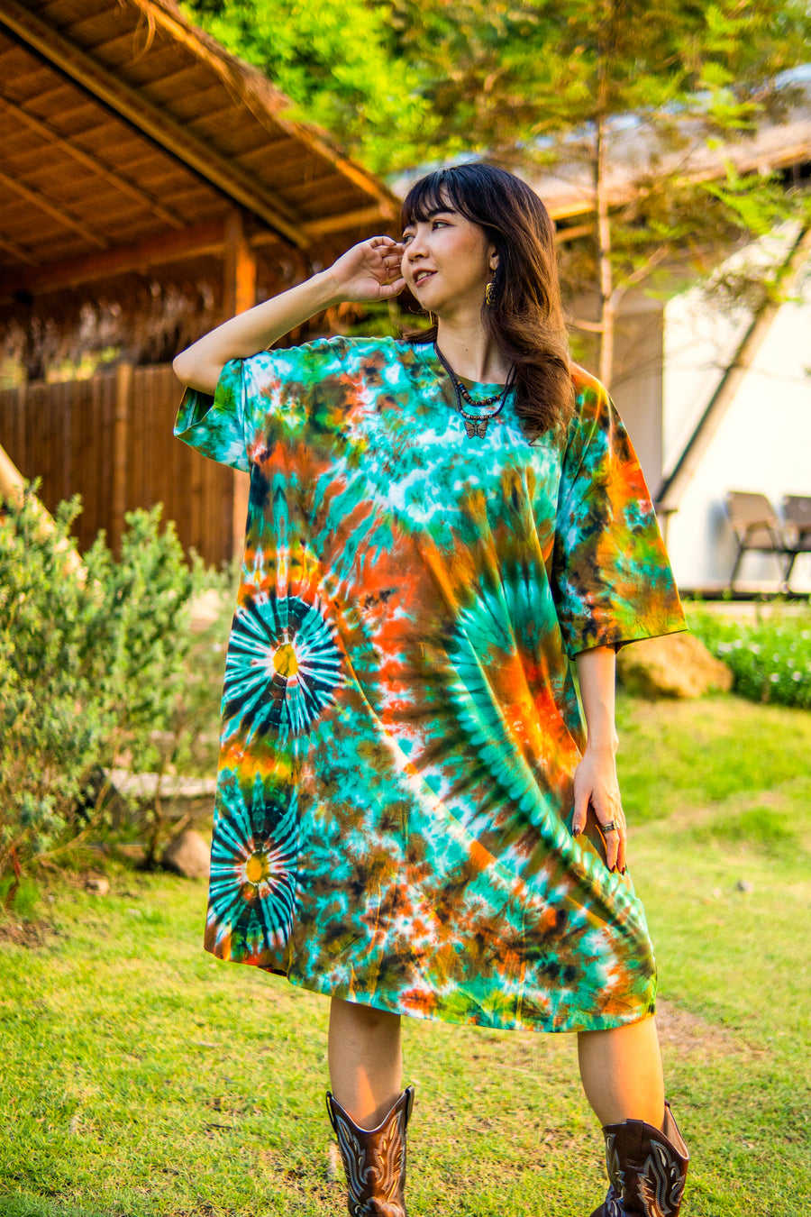Turquoise Mirage Hand Dyed Boho Cotton Dress with Pockets