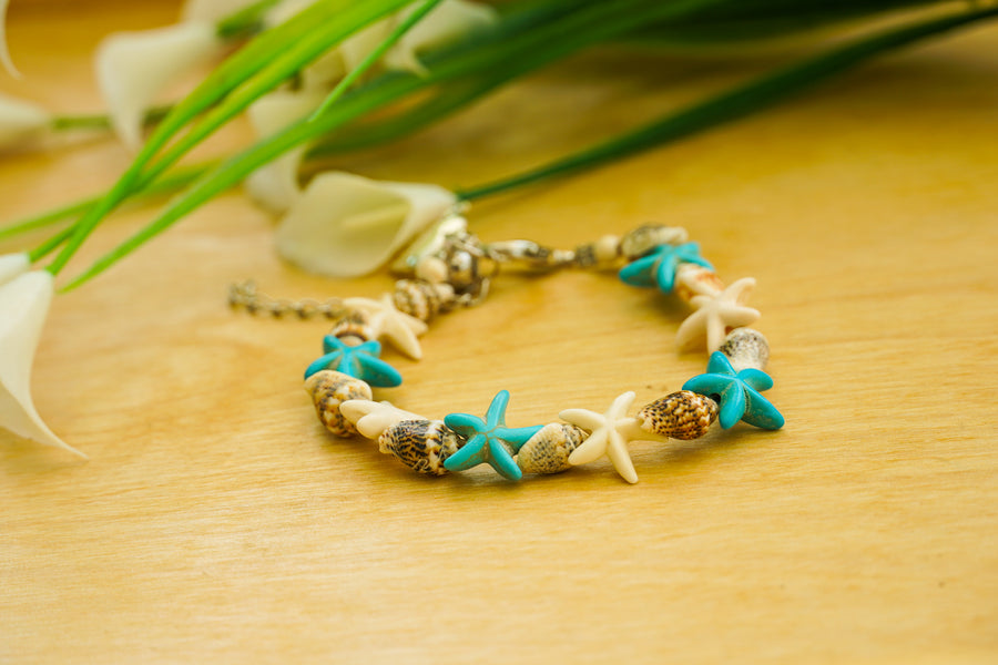 Starfish & Shell Bracelet – Turquoise & Ivory | Coastal Boho
