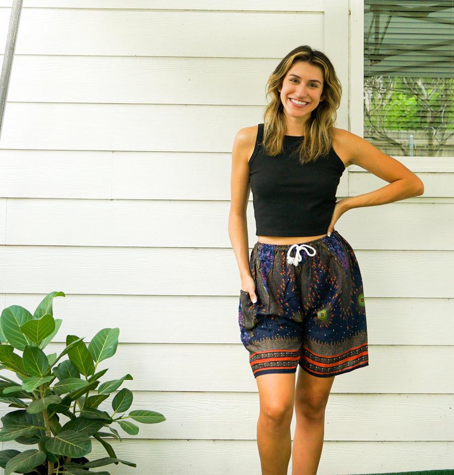 Blue Peacock Eye Boho Shorts