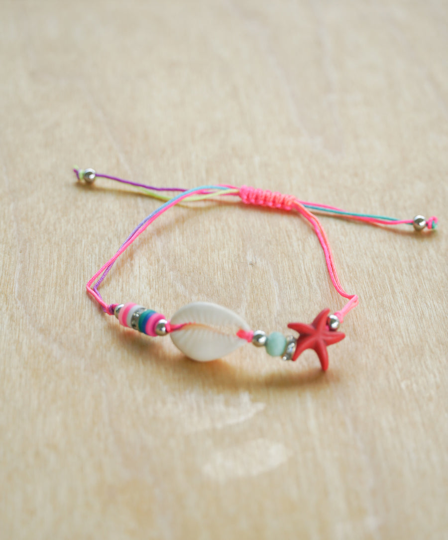 Red Starfish Shell Bracelet with Pink Cord