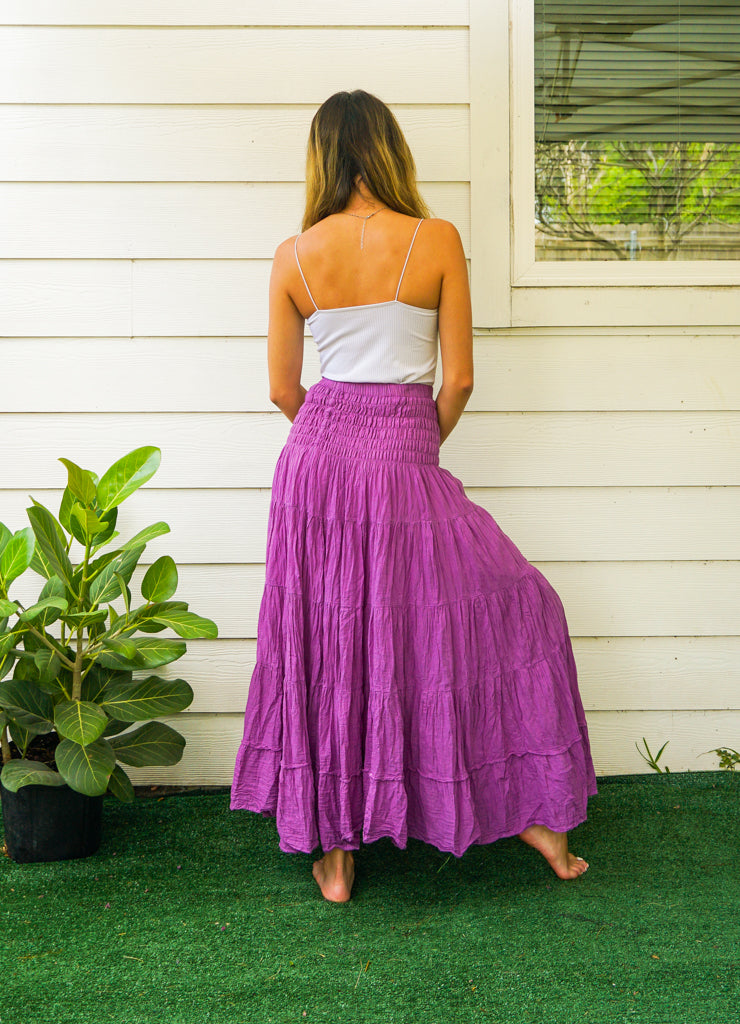 Amethyst Dream Raw Crinkled Organic Cotton Gauze Tiered Maxi Skirt