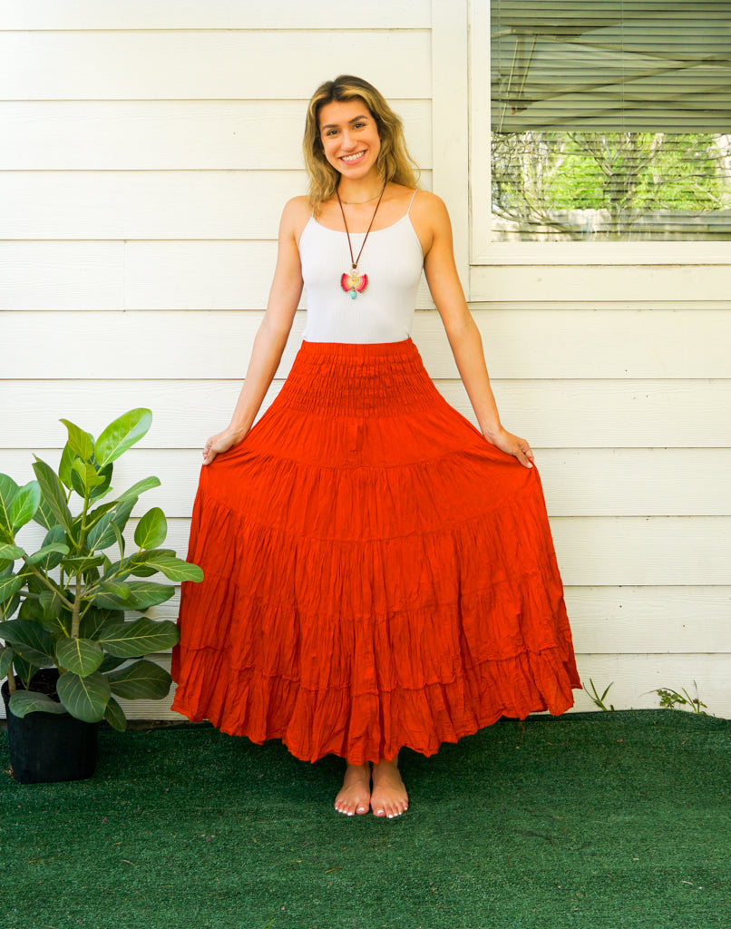Burnt Rust Orange Raw Crinkled Organic Cotton Gauze Tiered Maxi Skirt