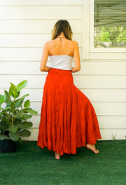Burnt Rust Orange Raw Crinkled Organic Cotton Gauze Tiered Maxi Skirt