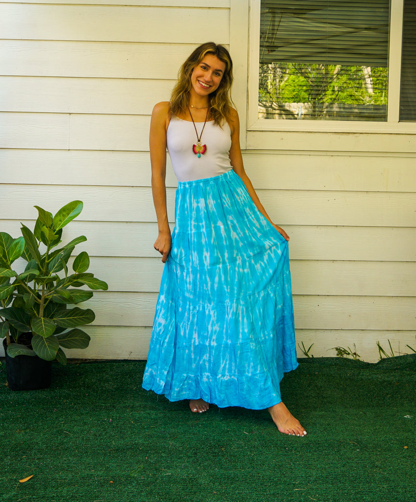 Aqua Waves Hand Dyed Tiered Maxi Skirt