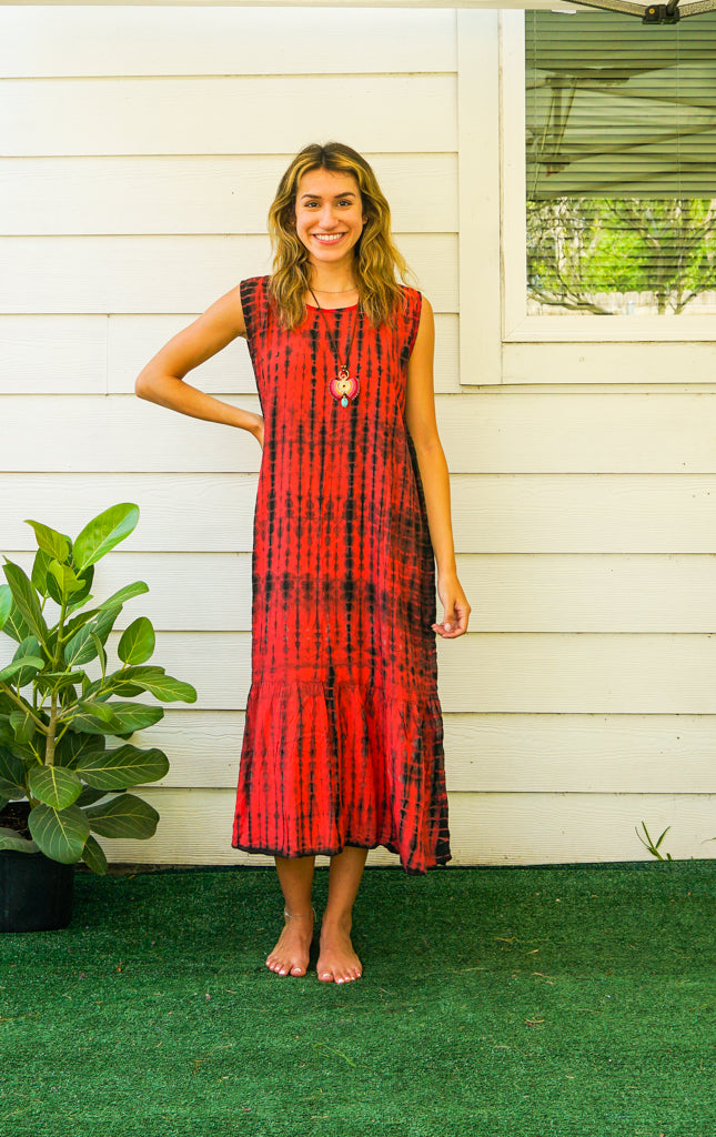 Crimson Dusk Tie Dye Tiered Dress