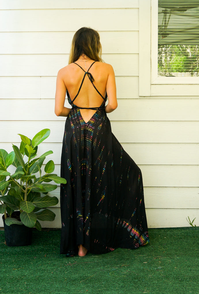 Black Rainbow Hand Dyed Boho Maxi Dress