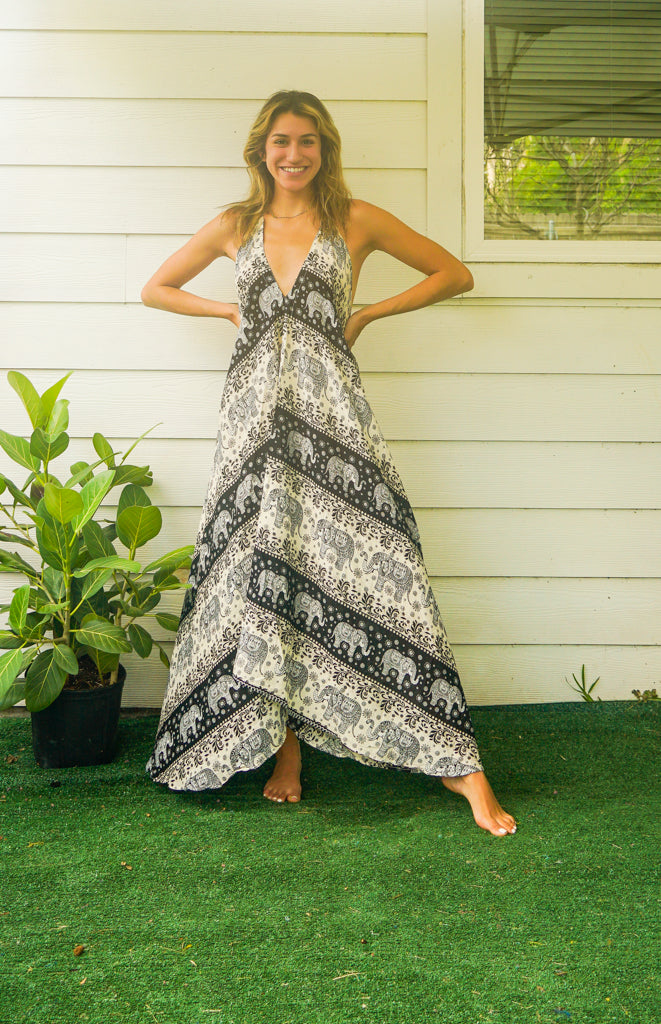 elephant maxi dress Bohemian Elephant Print Cotton Linen Maxi Dress