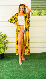 Sunburst Yellow and Black Tie Dye Kimono Robe