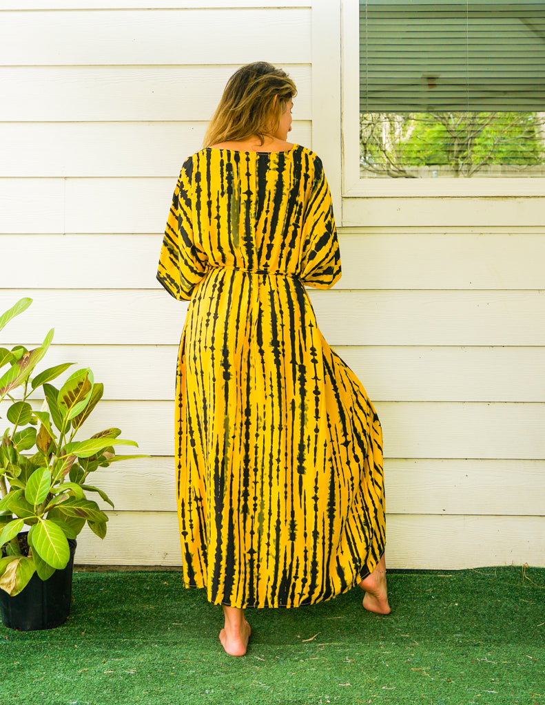 Sunburst Yellow and Black Tie Dye Kimono Robe